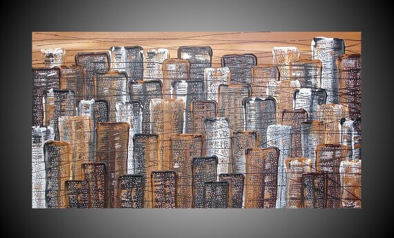 44 x 24 Abstract Acrylic Painting on large Canvas City Skylines Art Deco Sand art Brown Textured NEW Ready to hang FREE SHIPPING