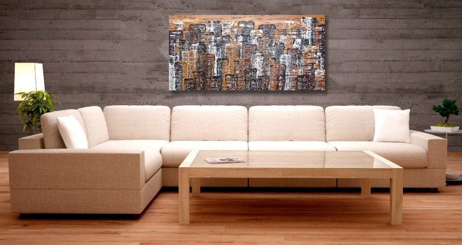44 x 24 Abstract Acrylic Painting on large Canvas City Skylines Art Deco Sand art Brown Textured NEW Ready to hang FREE SHIPPING