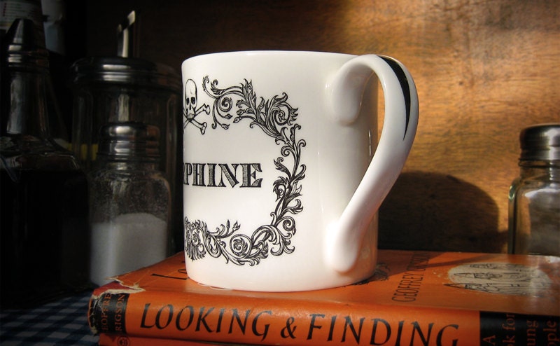 The New Apothecary Morphine Cup. Coffee mug, tea cup, coffee cup with skull illustration.