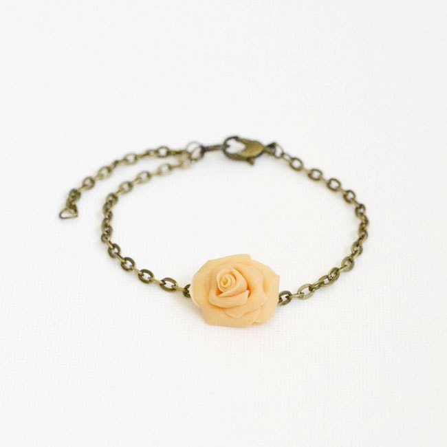 Flower Bracelet - pastel orange rose, antiqued bronze bracelet, flower charm bracelet, bridal, bridesmaids gift,