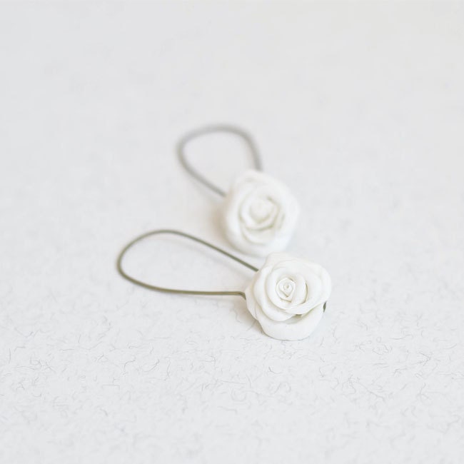 White Flower Earrings - white rose earrings, rose earrings, white earrings, spring wedding