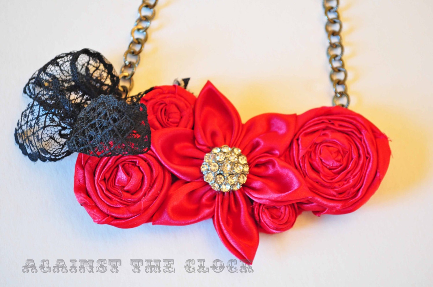 Fabric rosettes necklace, Sexy red necklace, fabric jewelry, romantic red flowers, rhinestone and lace