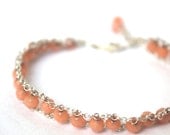 Pink Coral Friendship Bracelet, Sterling Silver Chain Woven Bracelet, Wire Wrapped Bracelet,Stackable Bracelet