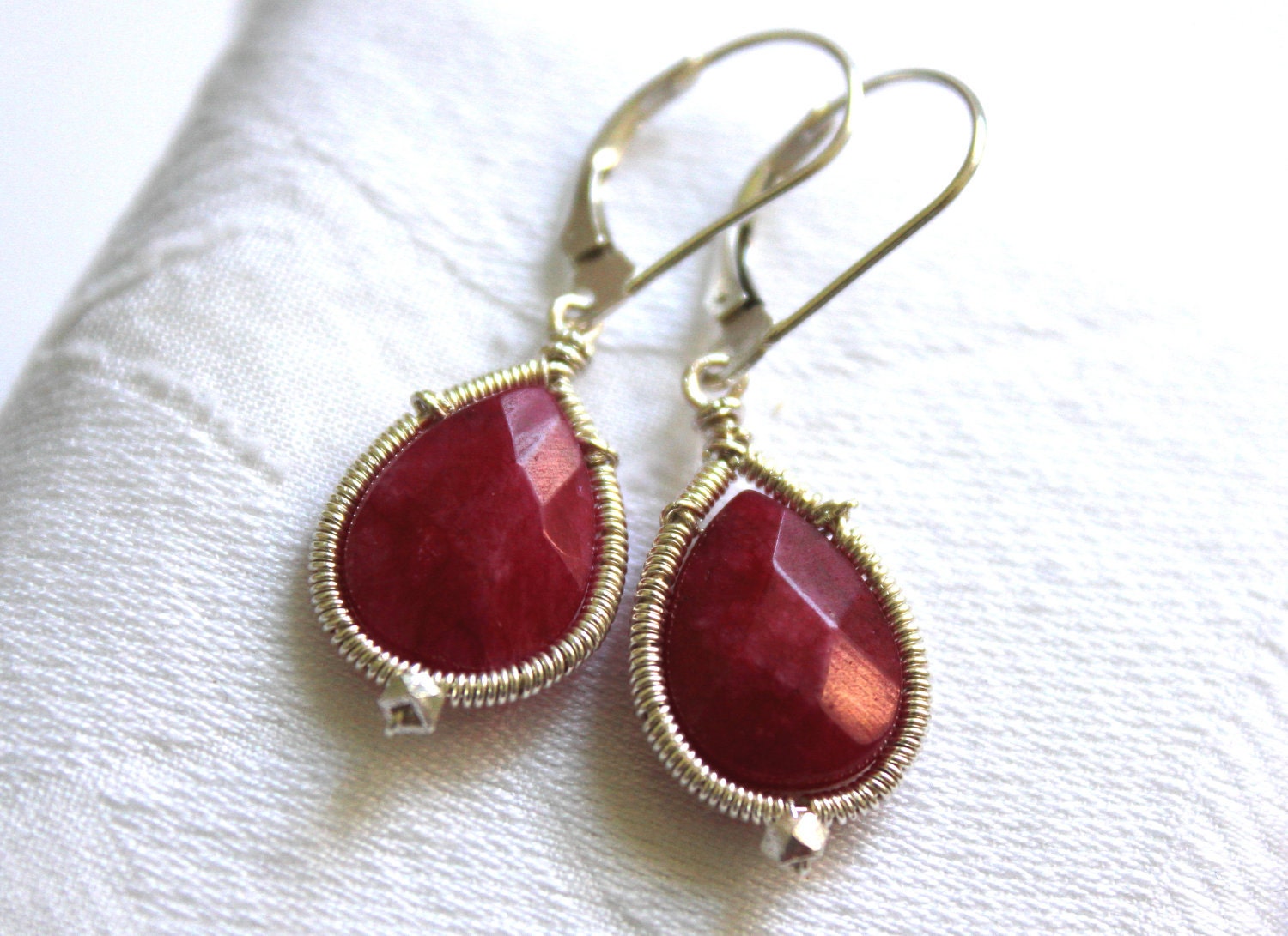 Red Drop Earring's:Drop's Hand Wire Wrapped Sterling Silver Berry Red Lever Back Dangle Earring's