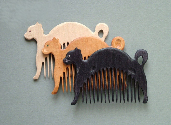 Wooden Comb Cat Hand Carved Natural. One of your choice.  Head Handle - Ready to Ship