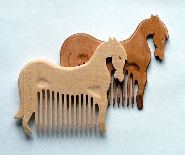 Wooden Hair Comb Horse Hand Carved Natural. Only brown.  Head Handle - Ready to Ship