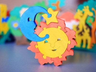 Colorful Wood/Wooden Puzzle Sun and Moon. Baby toy, Children, Kids. Handmade - Ready to Ship