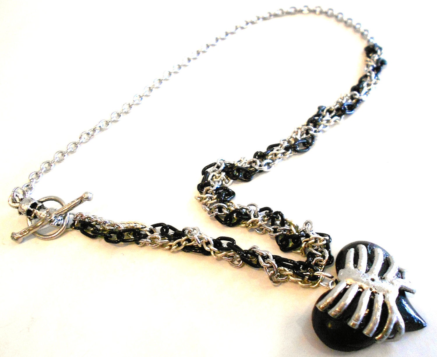 Black Heart with Rib Cage Braided Chain Necklace