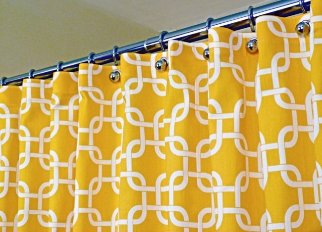 Yellow Shower Curtain, Classic Pattern of White Interlaced Squares on Corn Yellow Backdrop sized 72" x 72" (curtain hooks sold separately)