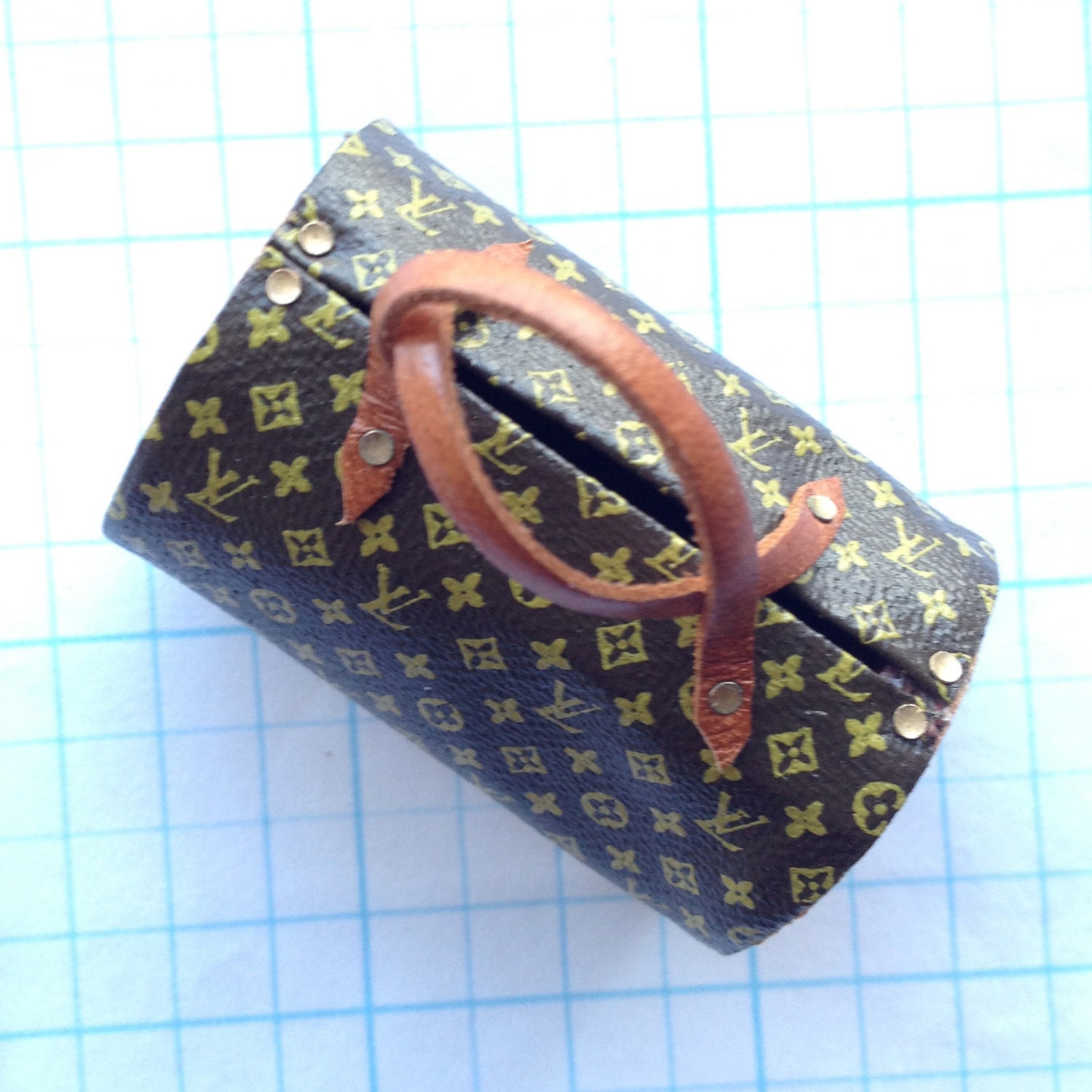 DOLLHOUSE MINIATURE - Designer Bag Purse or Luggage - Faux LV - by Pat Tyler Leather Miniatures
