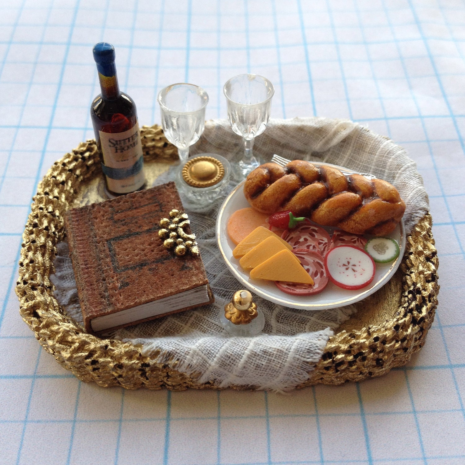 Wicker Basket Tray Large Dressed with Leather Book, Cheese & Wine - by Pat Tyler Miniatures