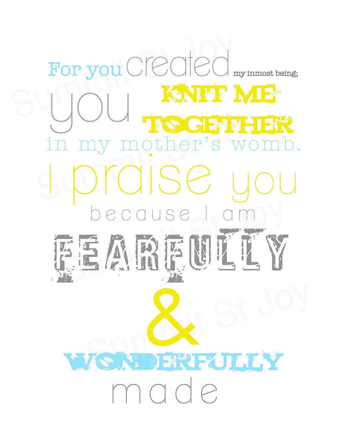 PSALM 139 // INSTANT DOWNLOAD File to Print // Christian Nursery Subway Art // Baby Boy Girl Room Decor // Gray & Yellow