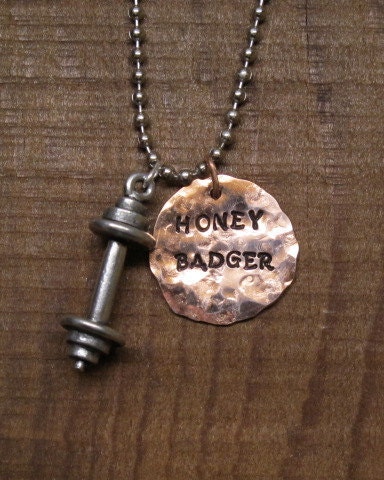 HONEY BADGER hand stamped copper pendant with Barbell Charm - CrossFit