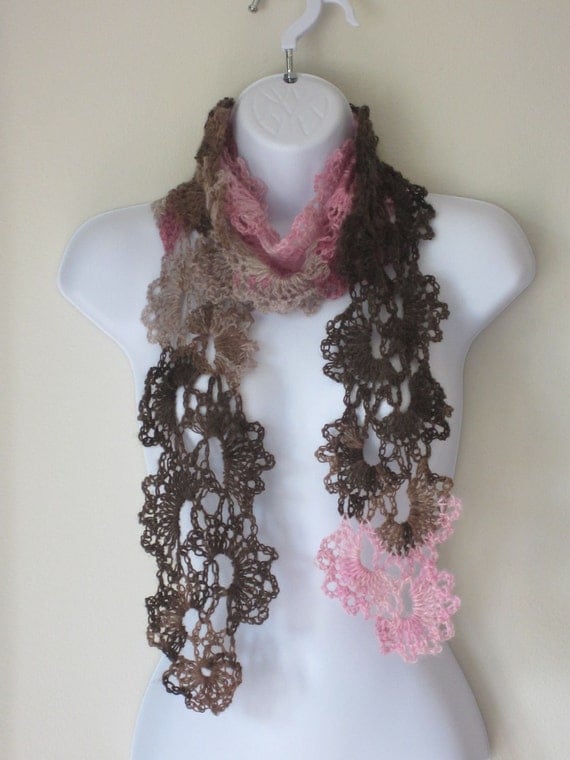 SCARF in brown, beige, pinks. Lovely Womens Scarf, Queen Anne Lace Style. Crochet all season scarf. Made to order.