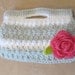 SILVER CROCHET PURSE / with Removable Rose Brooch CLip. Beautiful white/silver/grey bag with rose.