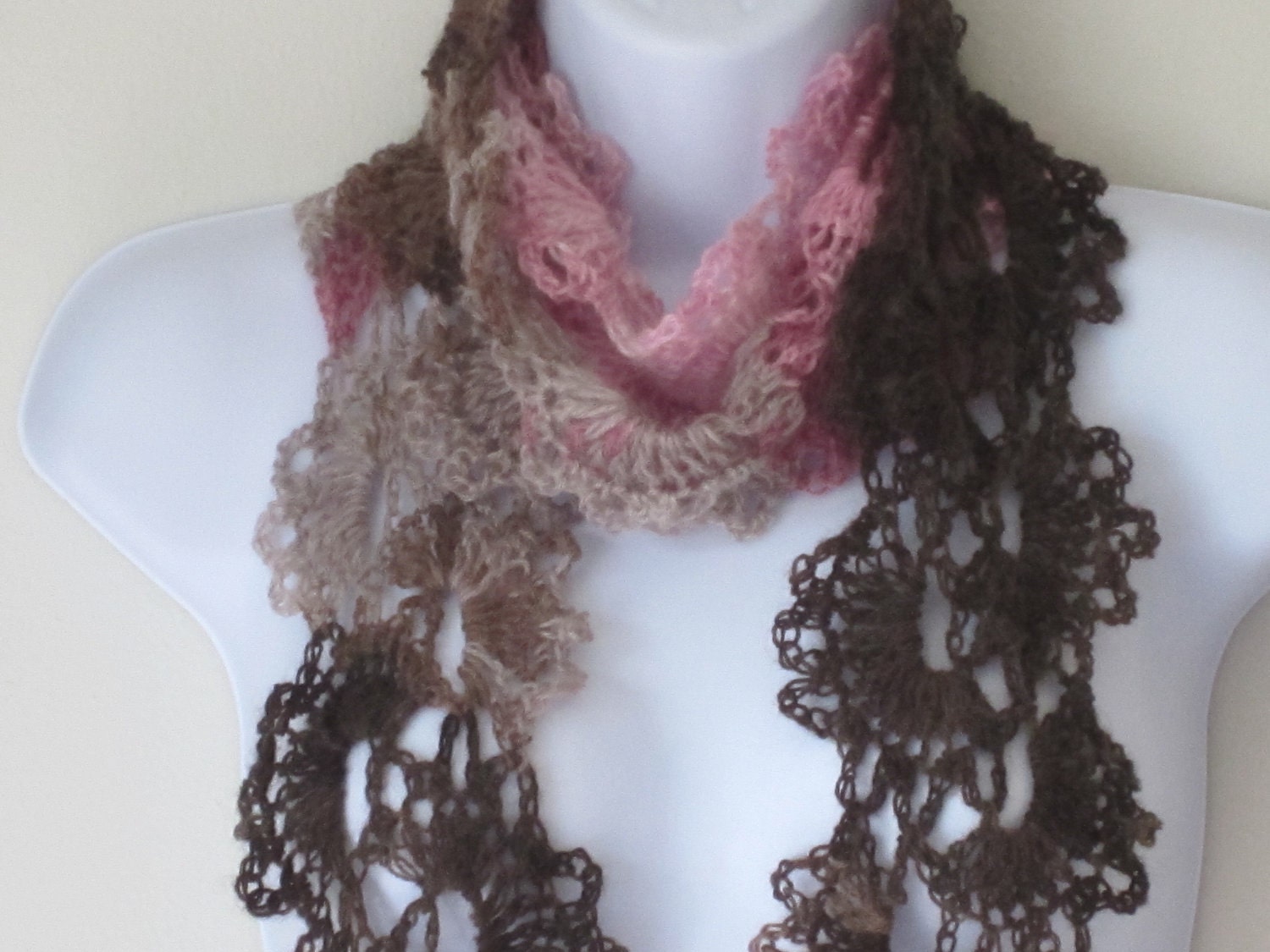 SCARF in brown, beige, pinks. Lovely Womens Scarf, Queen Anne Lace Style. Crochet all season scarf. Made to order.