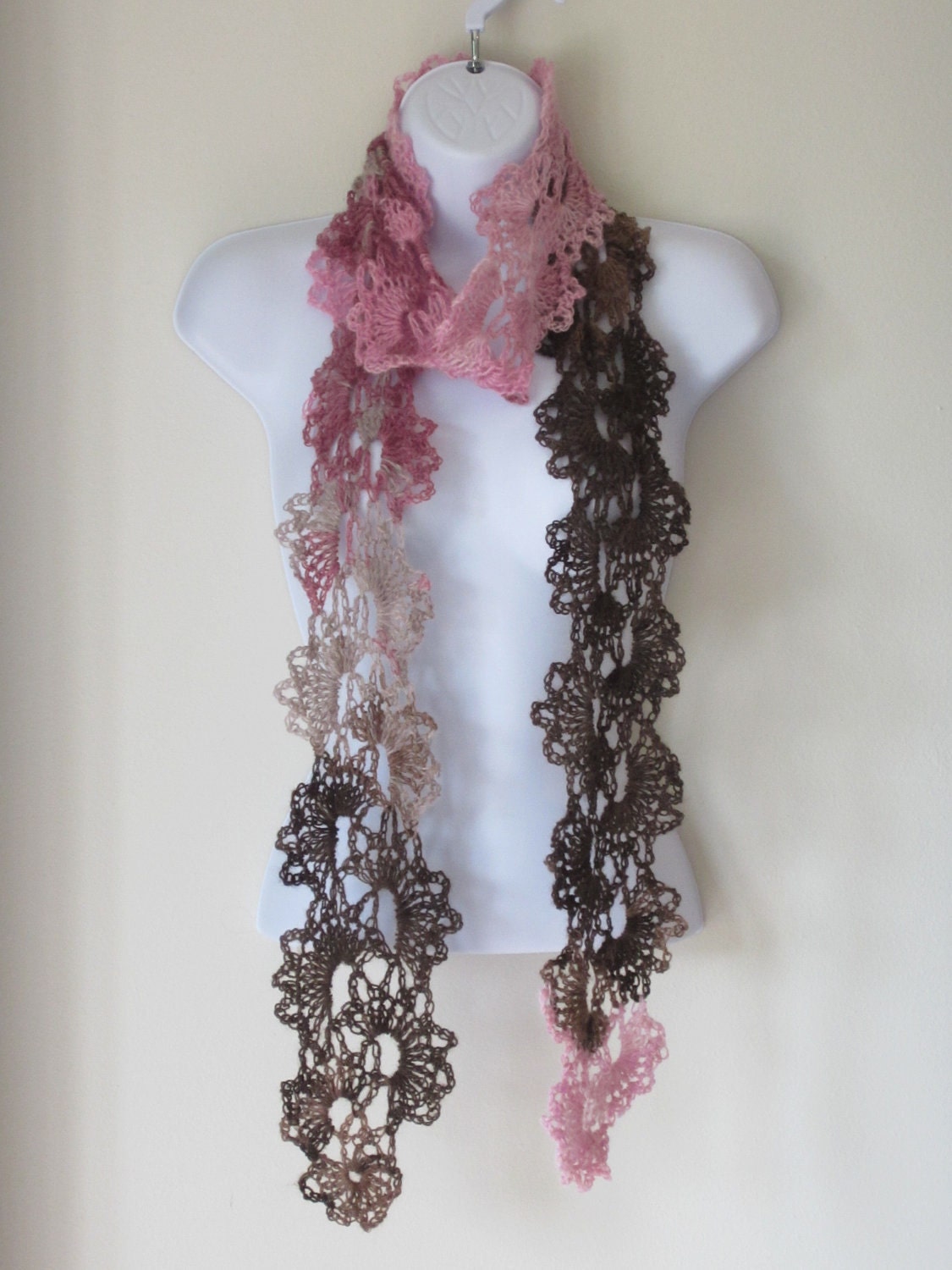SCARF in brown, beige, pinks. Lovely Womens Scarf, Queen Anne Lace Style. Crochet all season scarf. Made to order.