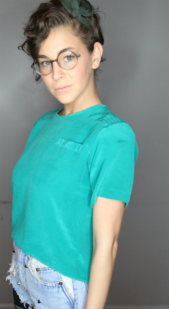 Vintage 100% silk, Aqua, Sofia 80s top, size small