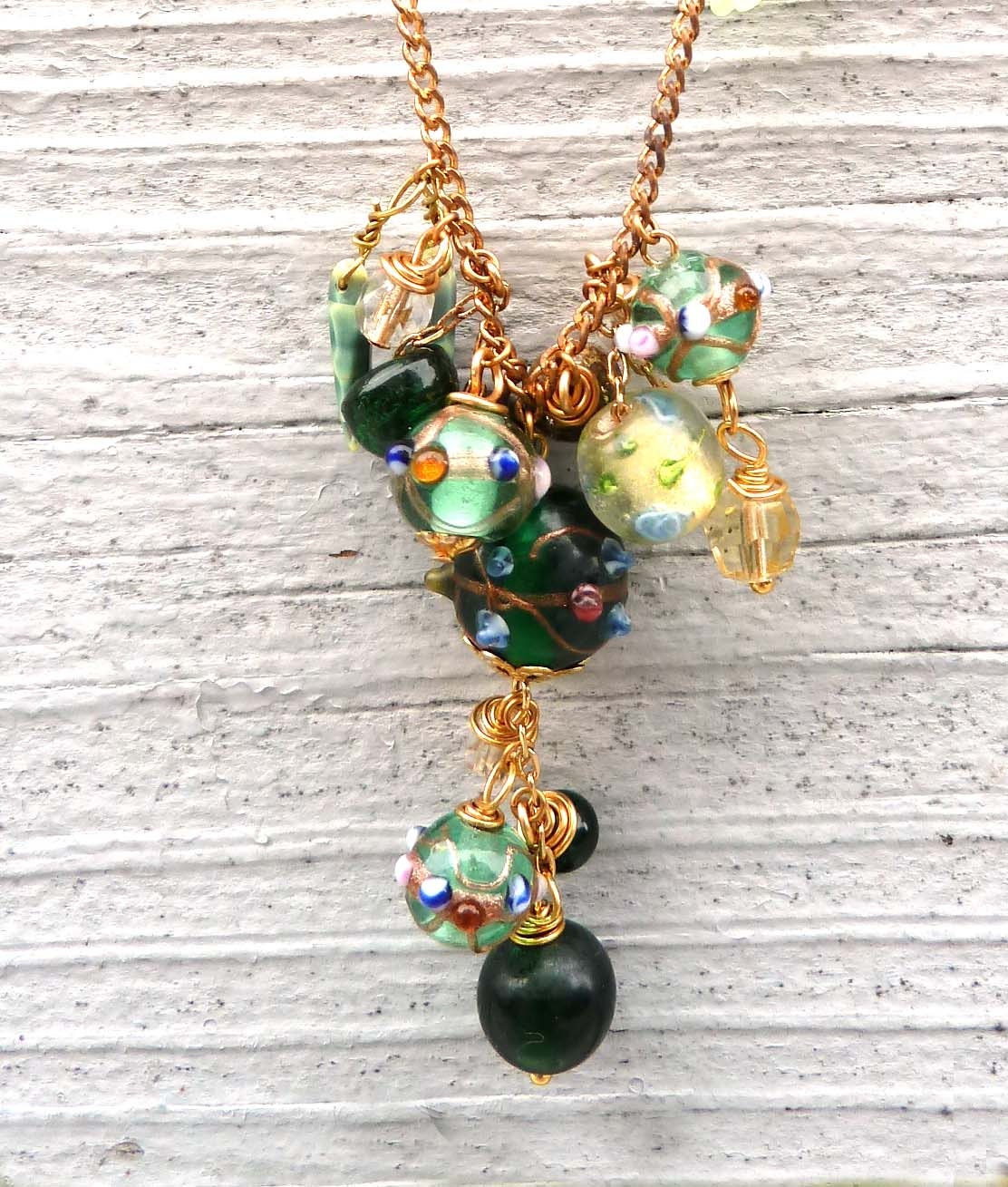 Green Glass Necklace - Lampwork Vintage Bead Cluster