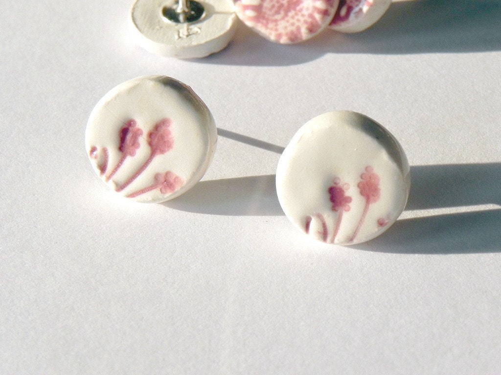 Ceramic Earrings, White Studs with Pink Flowers, Eco Friendly Jewelry in a Recycled Box