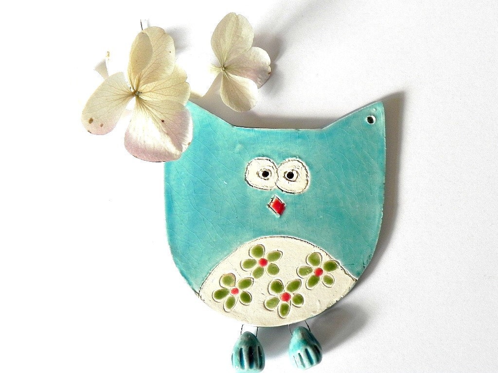 Owl Ornament, Ceramic Bird with Green Flower Skirt, Eco Friendly Materials in Recycled Paper Box