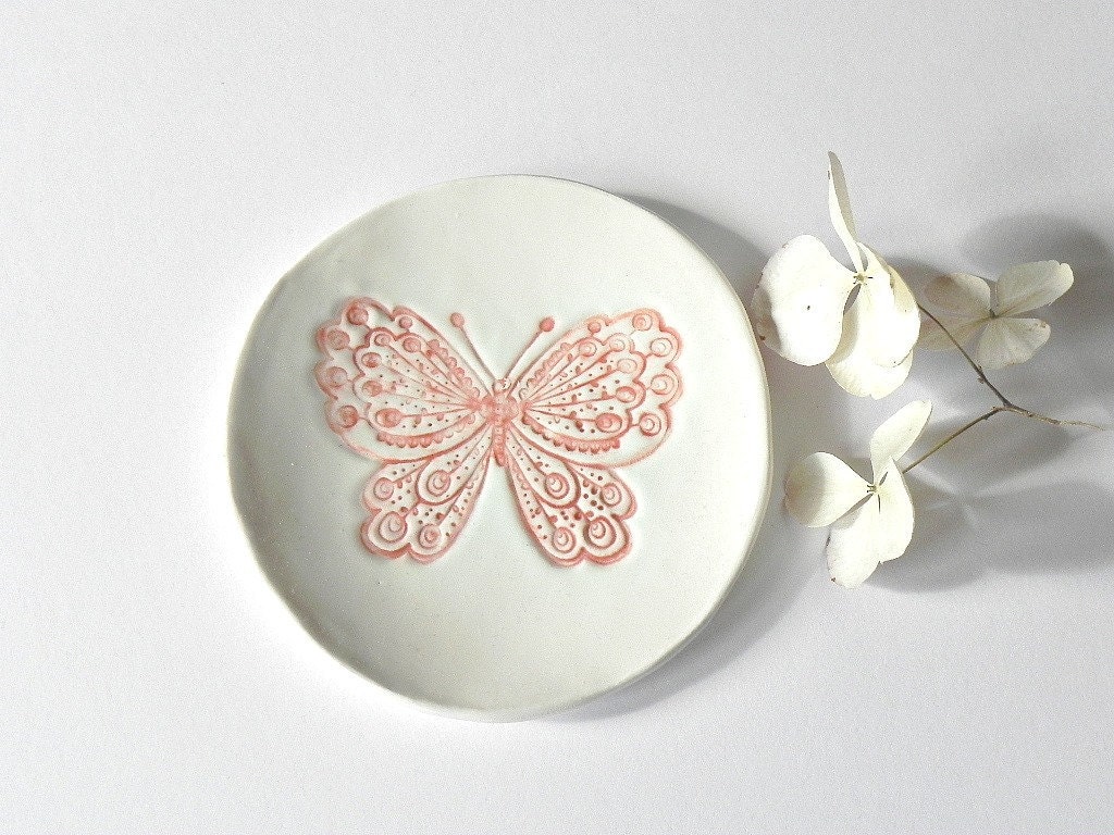 Rustic Butterfly Ceramic Plate, White Dish with Red Butterfly, Plate with Romantic Details