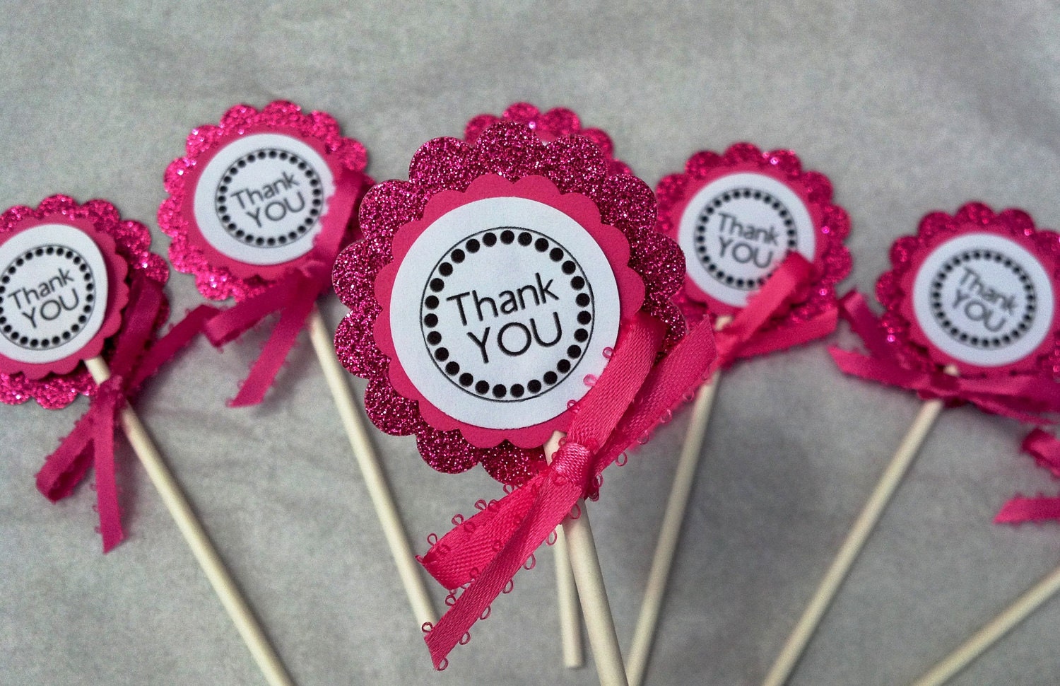 SALE Pink Sparkle Scalloped Thank You cupcake toppers with ribbon