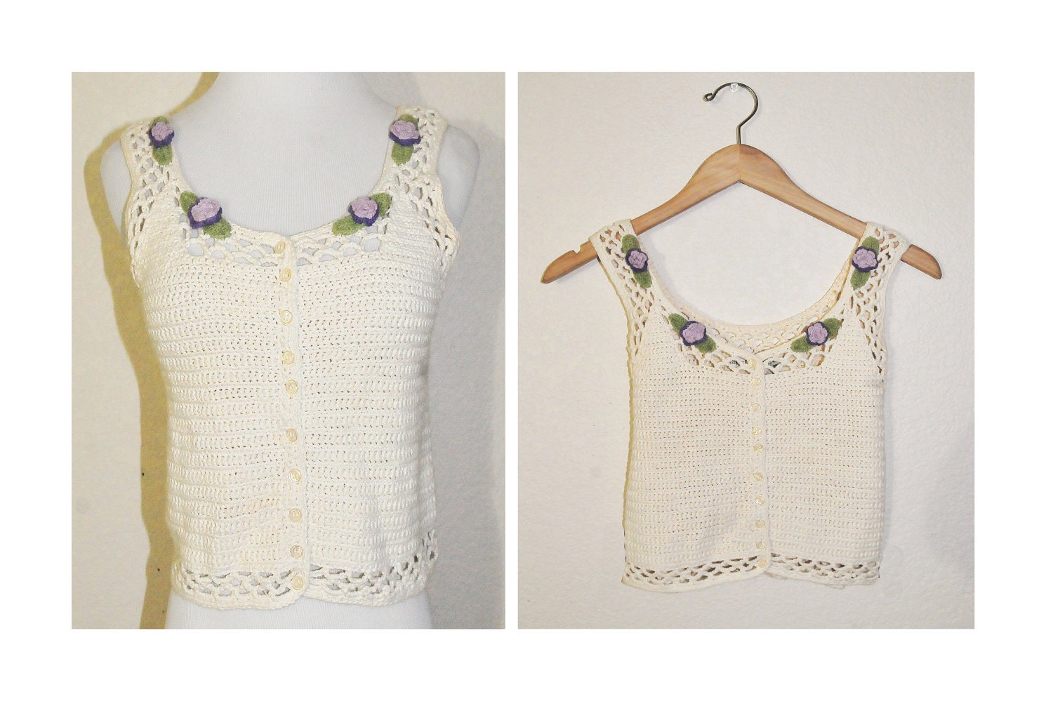 Vintage Bohemian Dream Top/ Vtg Cream Crochet Floral Crop Top