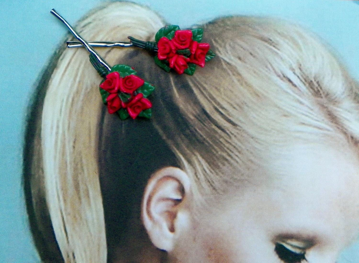 Decorative 30-40's Red Celluloid Vintage Bobby Pins, Signed Made in Japan