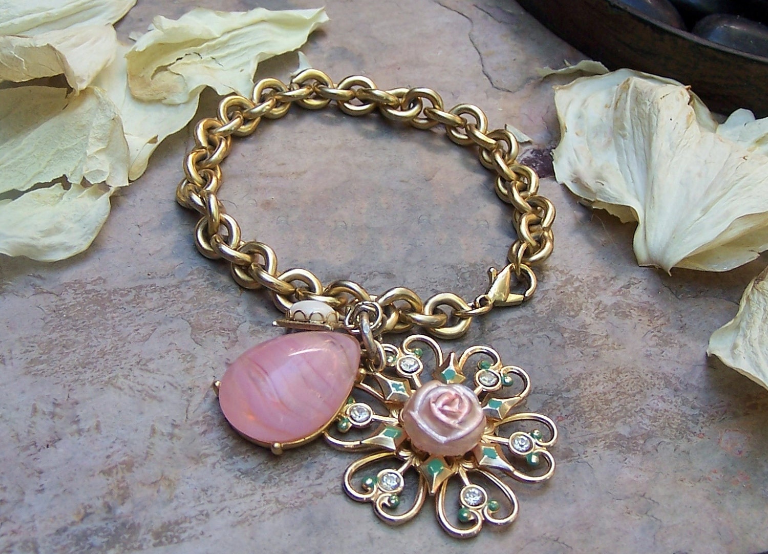 Vintage Bridal Pink Guilloche Rose Flower Bracelet, Artisan Upcycled Jewelry