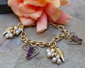 Vintage Trifari Pearl Purple Amethyst Heart Bracelet, Artisan Upcycled