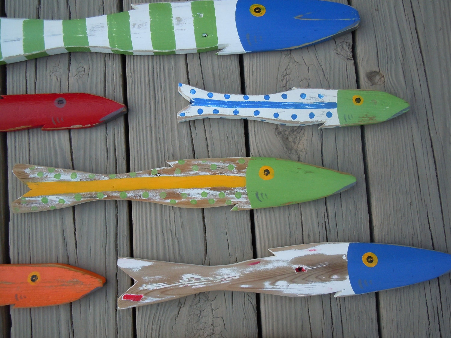 School of 8 Hand Painted Picket FISH Art Reclaimed Wood Beach Cottage Cabin Decor