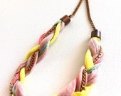 SALE - Pretty Pastel & Fluorescent TWIST Knit Necklace - Chains, Yarn and Sparkly Pink and Clear Rhinestones - Braided Jewelry