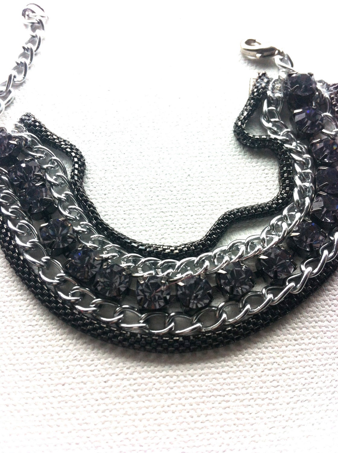 Lisa LUXE Mixed Chain & Chunky Stone Bracelet - One-of-a-Kind, Adjustable - Gunmetal and Silver Chains, BIG Smoke Crystal Rhinestones - SALE