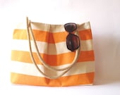 Canvas Tote bag, Beach bag Orange and white stripes. Water resistent Rope handles - byMART