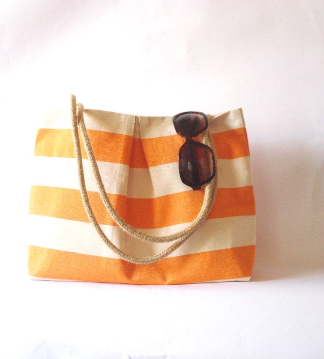 Canvas Tote bag, Beach bag Orange and white stripes. Water resistent Rope handles