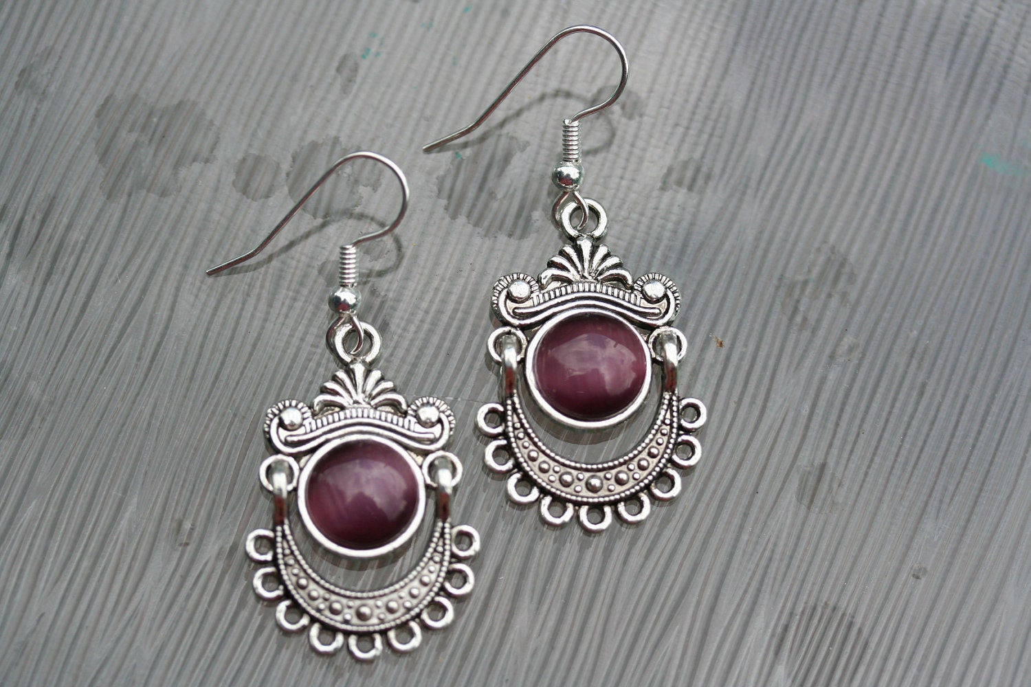 Victorian Earrings Purple Cats Eye Cabochon Sterling Silver Ear Wires