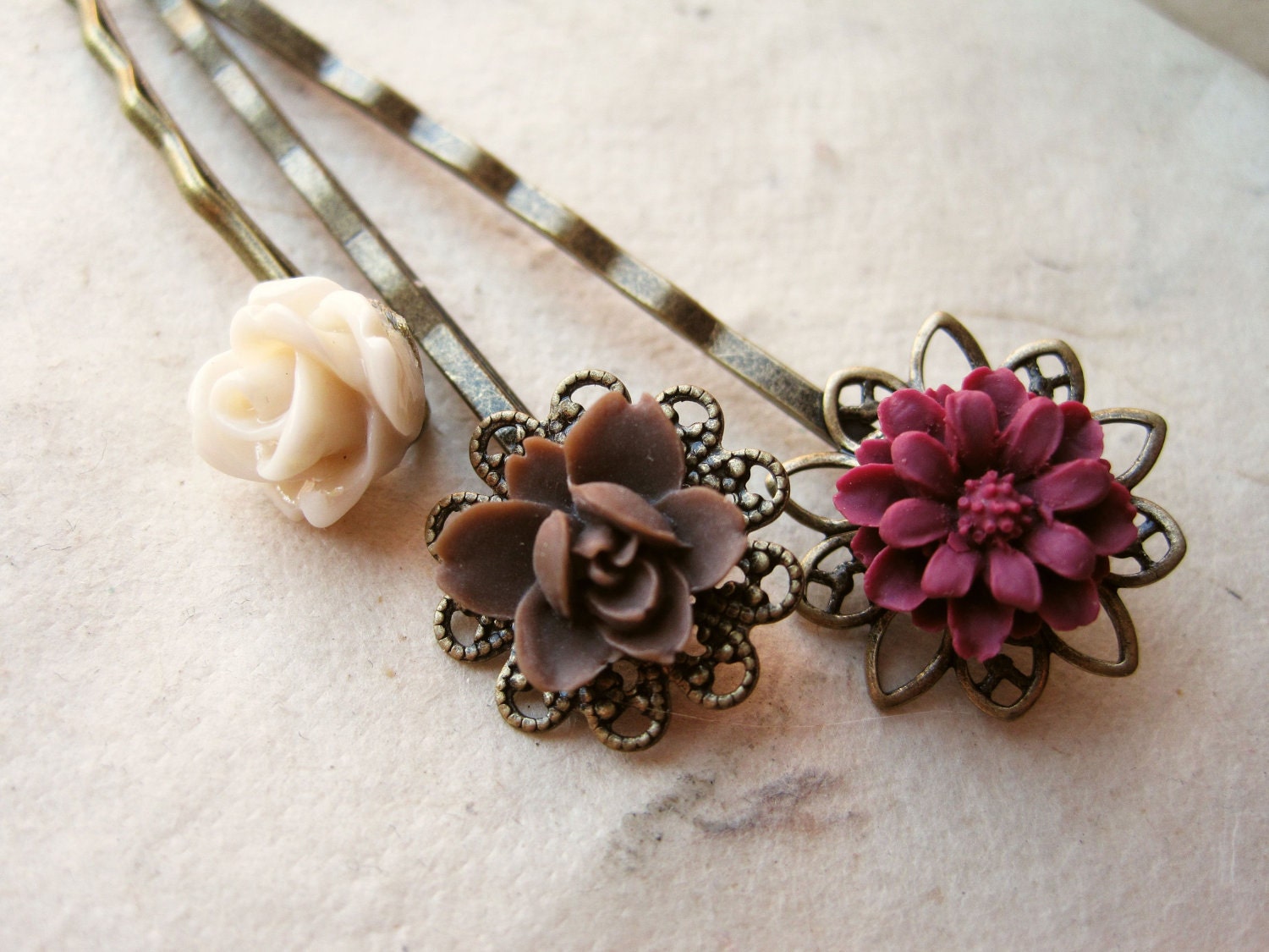 Hair Accessories, Earth Tone Flower Hair Pins. Bobby Pins, Ivory Rose, Wine Daisy, Brown Lotus. Brass Filigree. Bridesmaid Gifts. Set of 3. - PiggleAndPop