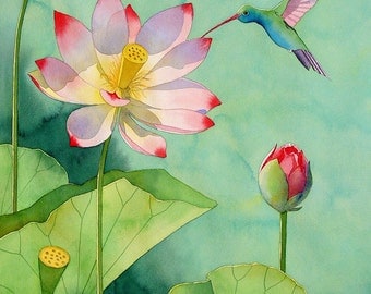 8x10 Watercolor Print "LOTUS AND HUMMINBIRD"