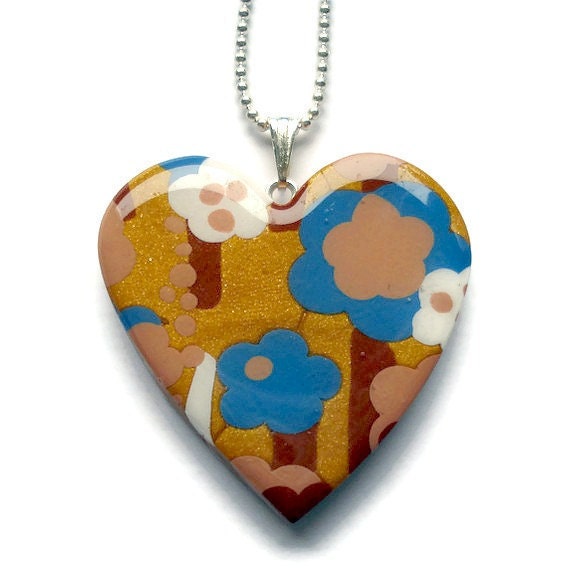 Gold, Blue and Brown flower Heart Necklace