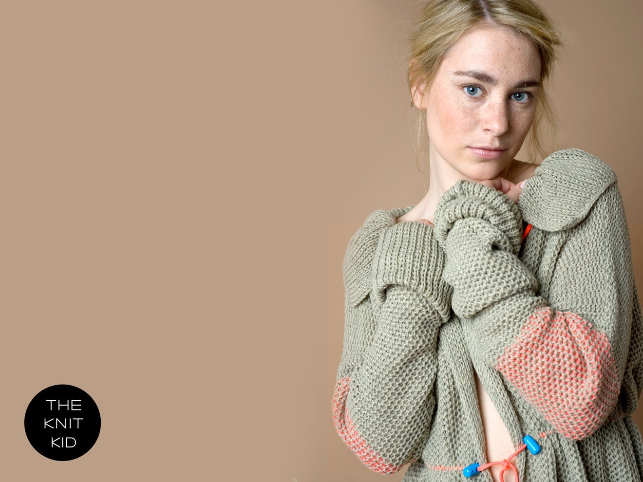 knit jacket coat greige beige grey neon coral turquoise merino bulky theknitkid