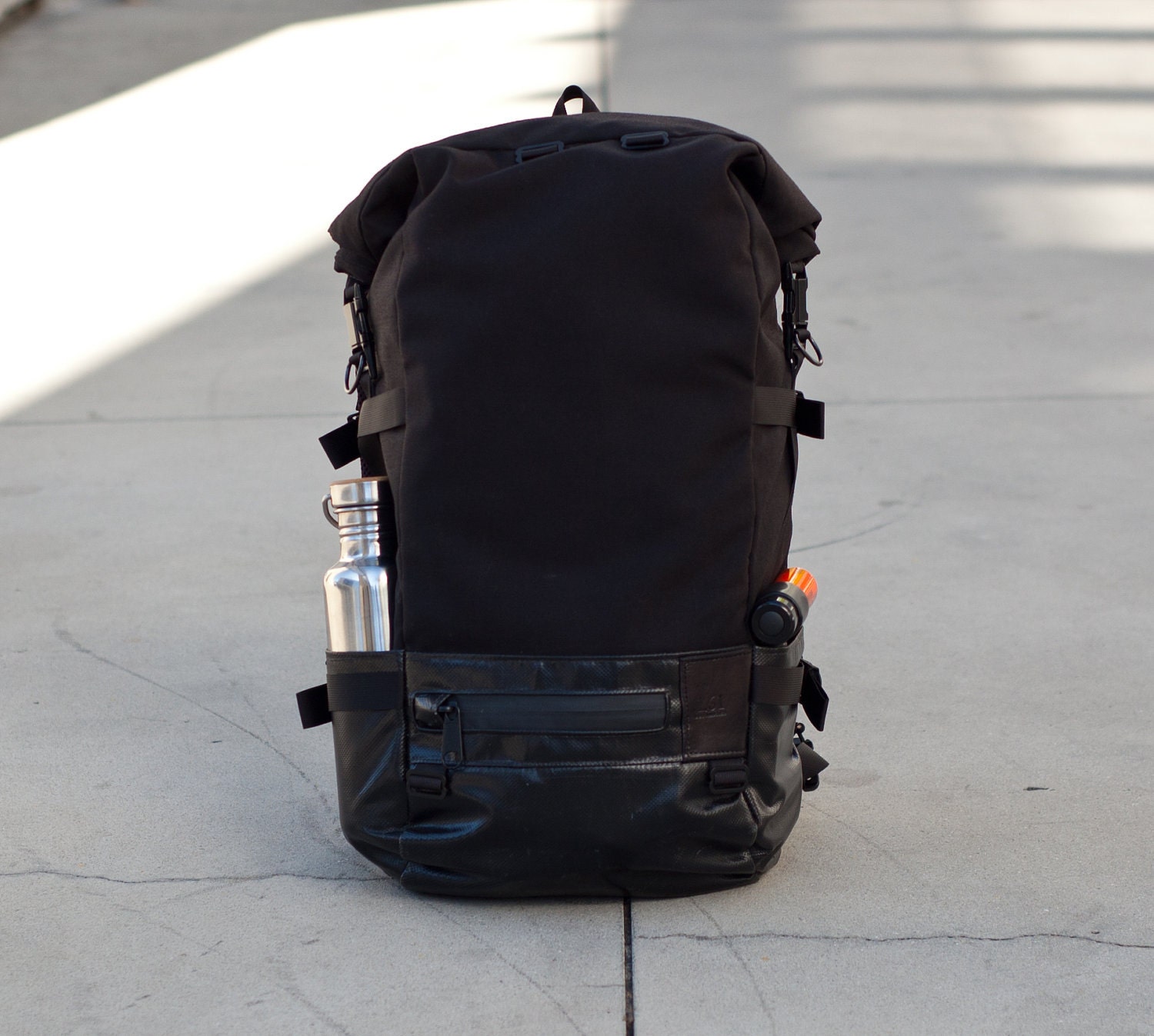 Roll Top Backpack - commuter, black cordura, truck tarp, waterproof