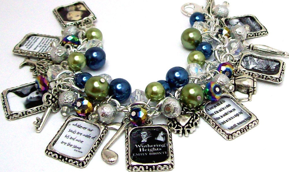 Emily Bronte Wuthering Heights Inspired Chunky Charm Bracelet Beaded Altered Art Picture Charms Beads Books Writers Novels
