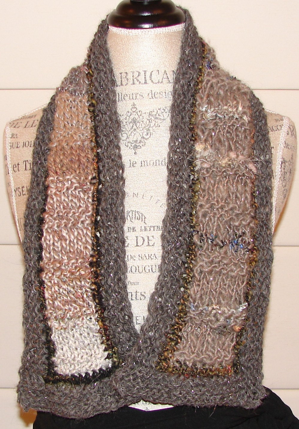 Handknit and Handspun Art Yarn Scarflette- Storm Clouds
