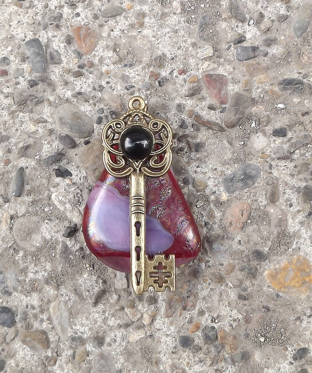 red pink key charm fused glass pendant