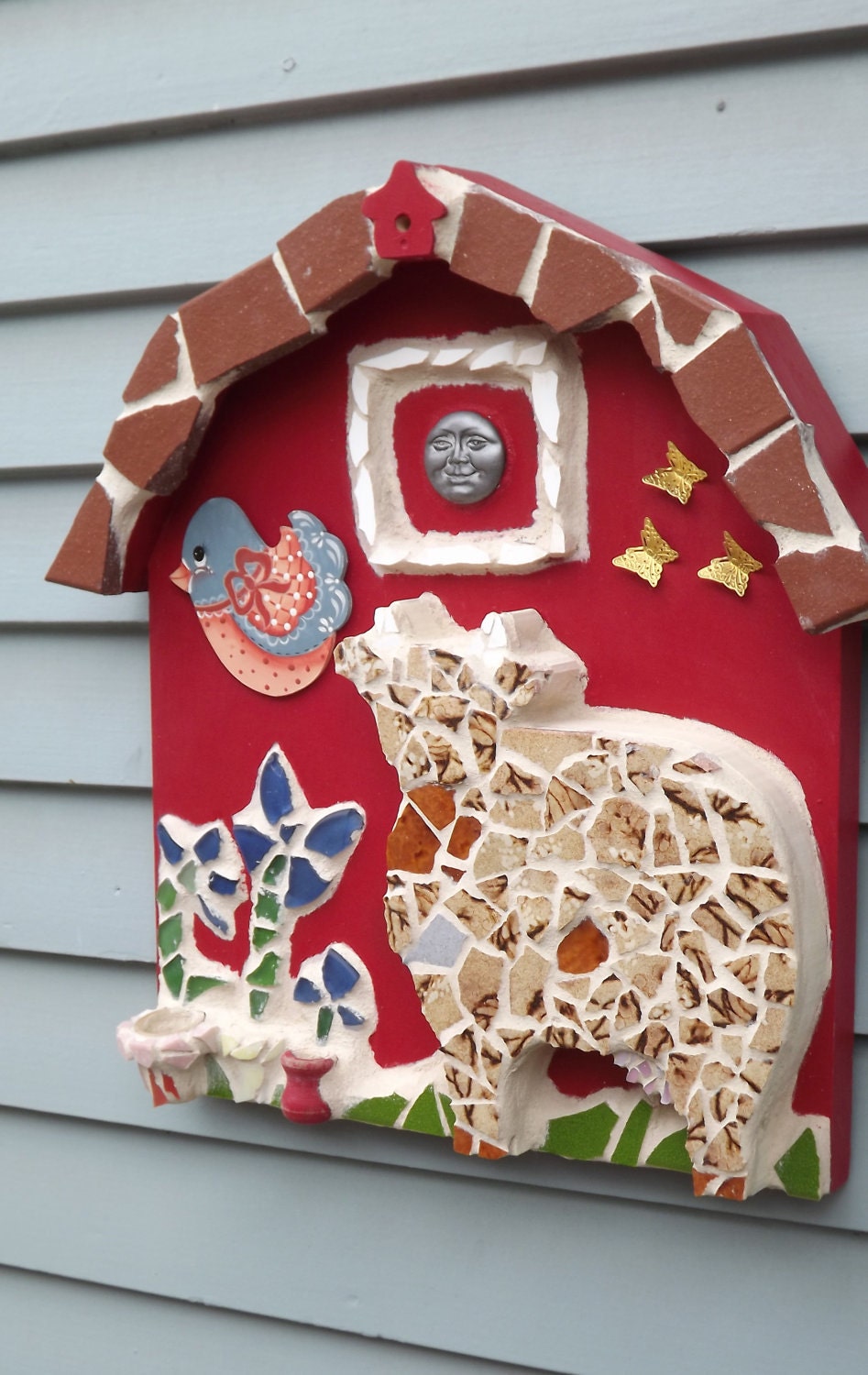 Mosaic 3 D Barn cow bird flowers butterfly moon