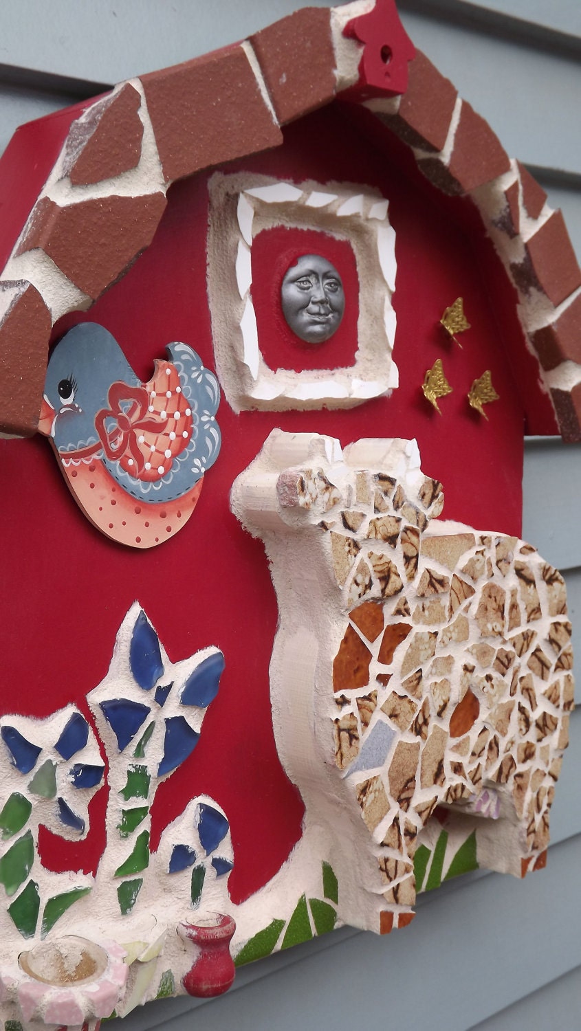 Mosaic 3 D Barn cow bird flowers butterfly moon