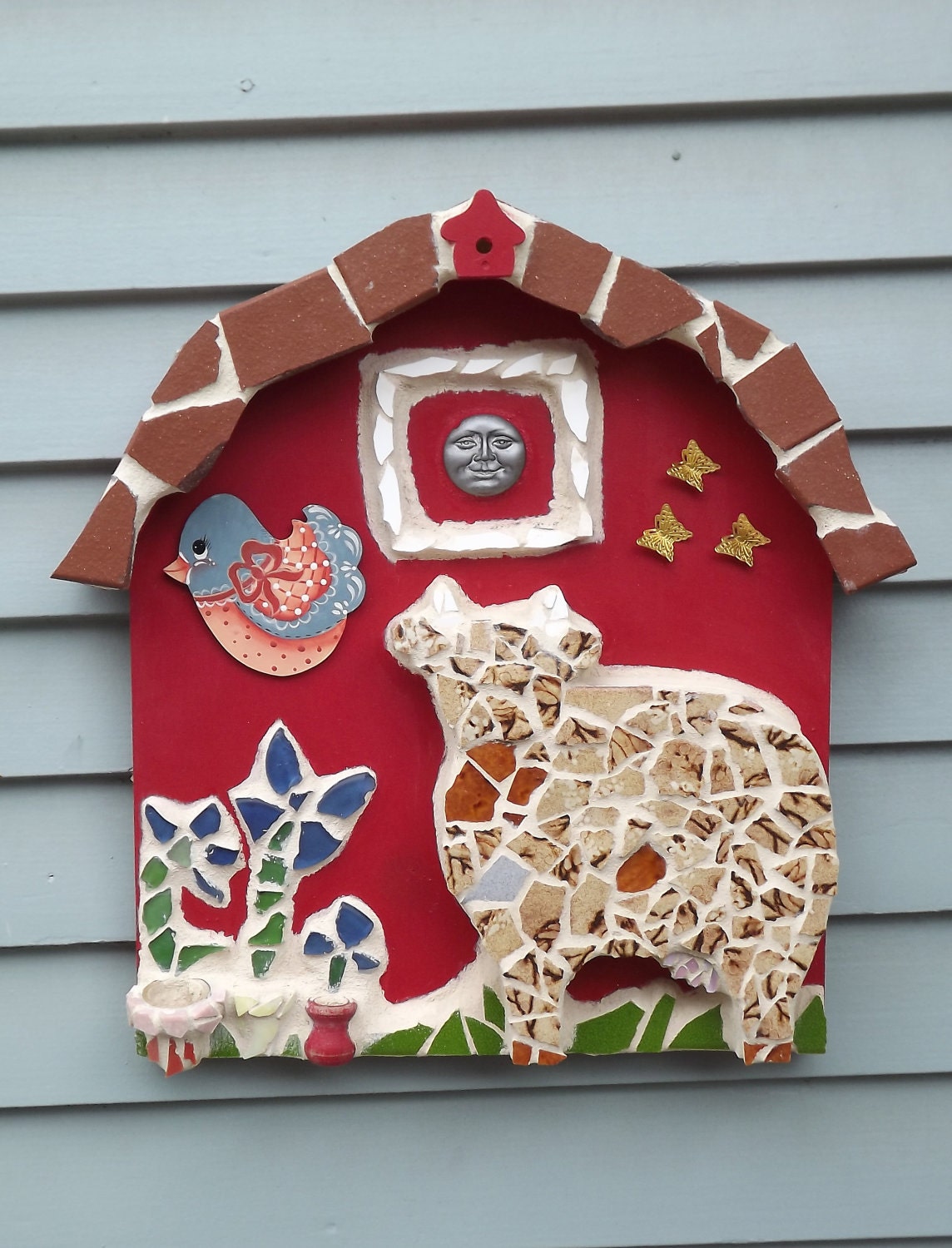 Mosaic 3 D Barn cow bird flowers butterfly moon