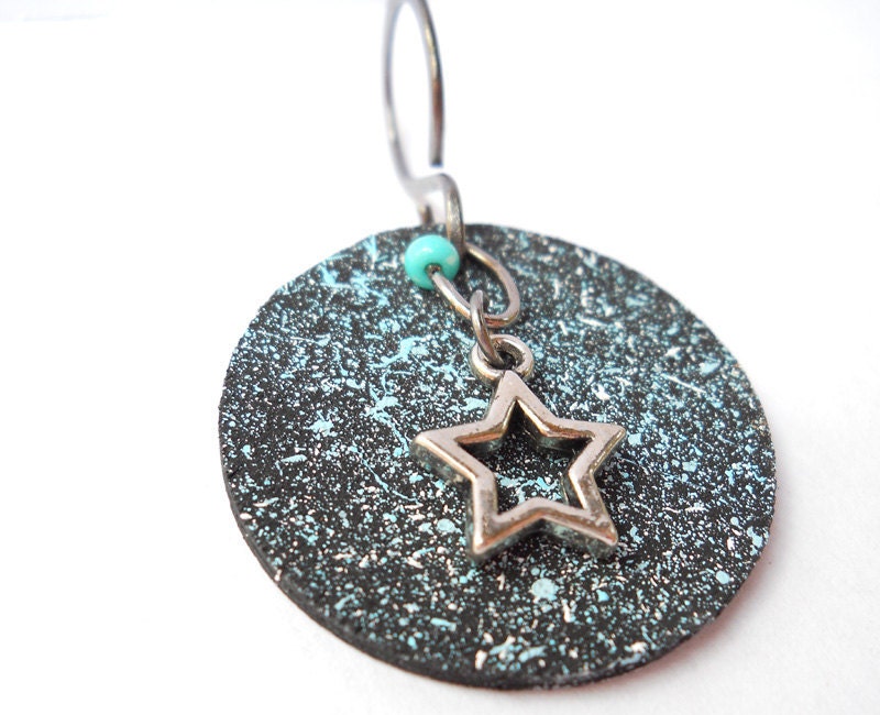 hand painted wooden pendant with silver star accent turquoise black white splatter texture