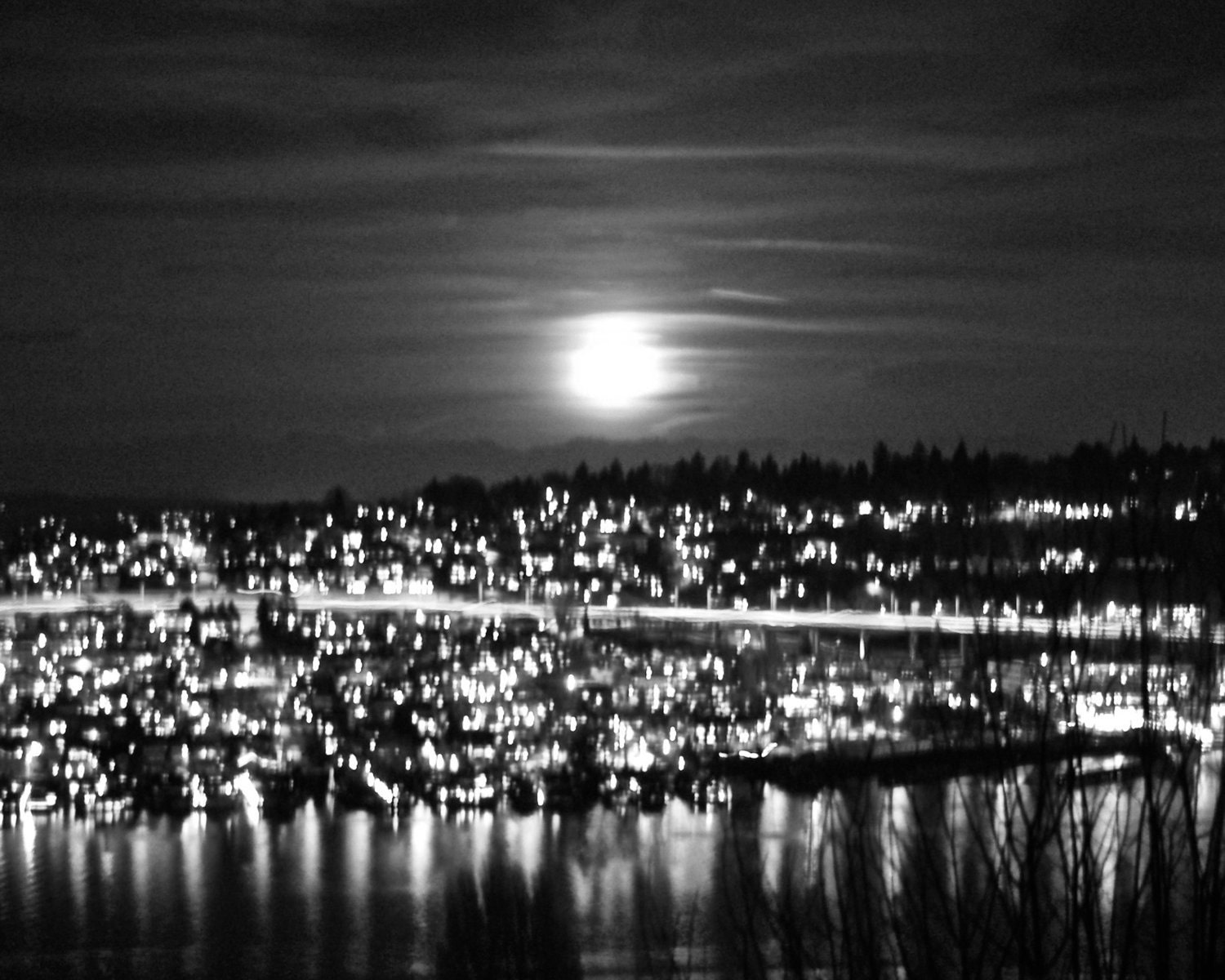 Full Moon City Lights Dark Night Black and White 8x10 Photography Print